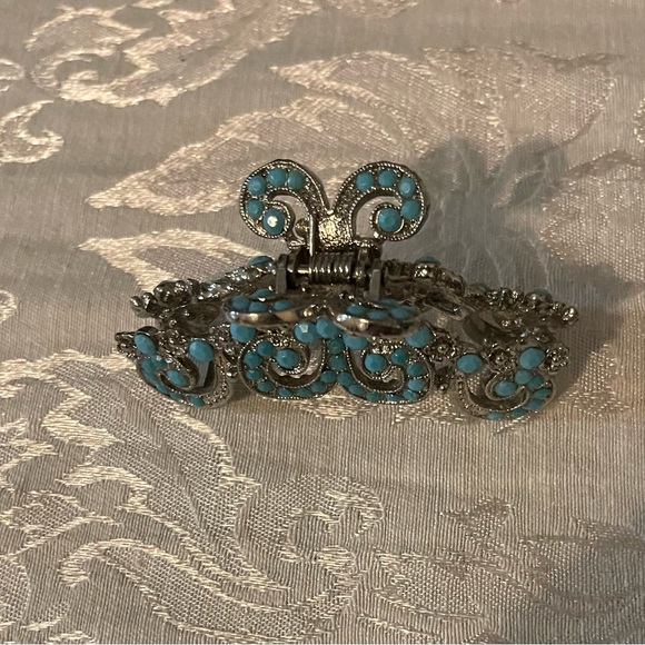 Silver Toned Metal & Turquoise Beads Hair Clasp - Picture 2 of 5